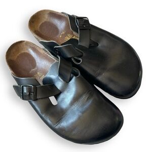 Original Birkenstock Bostons yellow writing sz 40 women’s 9 black leather